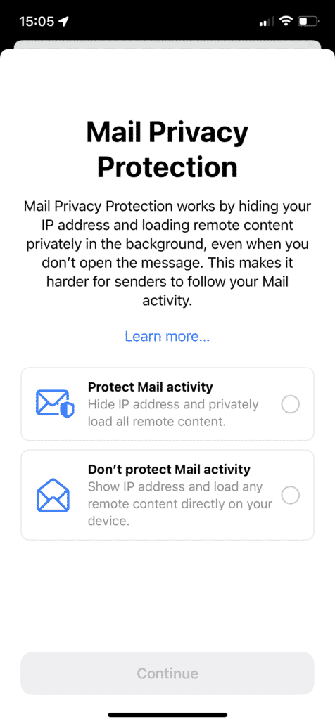 Pop Up Mail Privacy Protection on IOS 15
