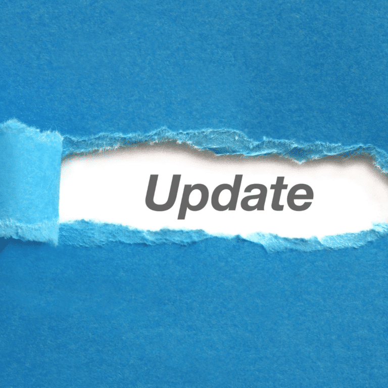 The word update in bold print appears behind a torn blue paper, indicating the significant email policy revisions coming in February 2024.