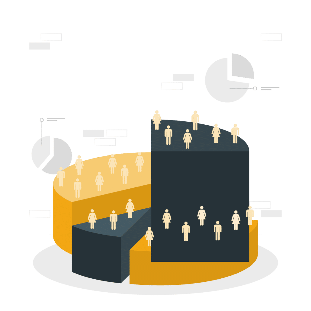 Stylized infographic showcasing segmented email campaign metrics with pie charts and human figures representing different levels of subscriber engagement