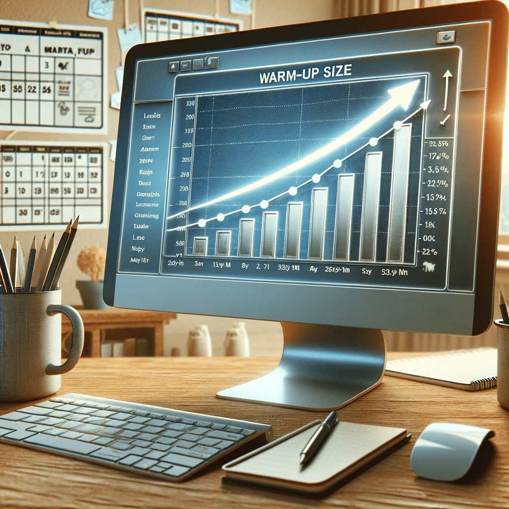 Computer monitor on a desk displaying a bar graph chart titled WARM-UP SIZE with an upward trend, representing the gradual increase in email volume during an email warm-up campaign, set against an office background with organizational charts.