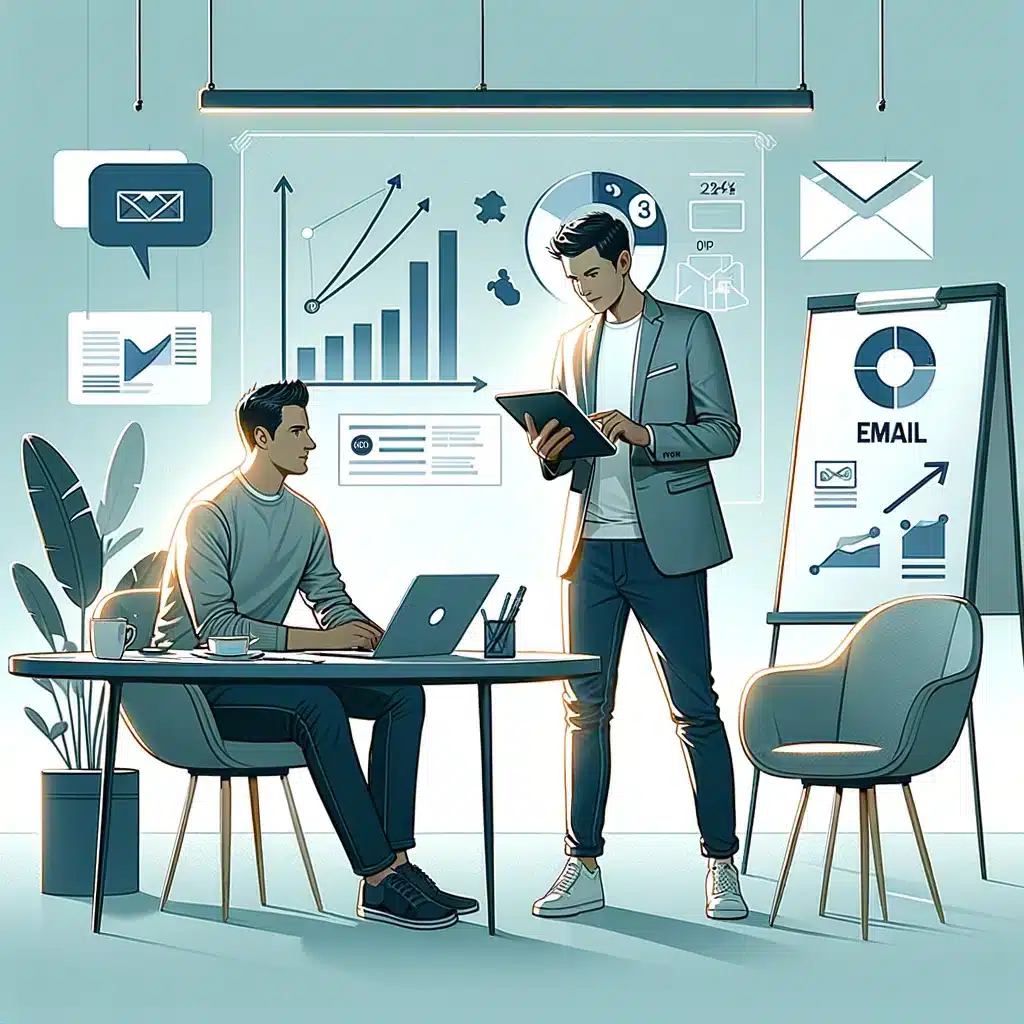 two individuals discussing email marketing. The setting is modern and casual, reminiscent of a startup or marketing agency
