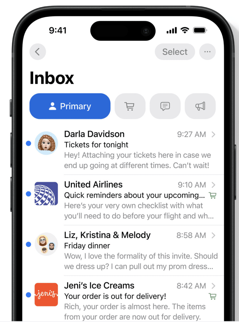 iPhone screen with Apple mail application