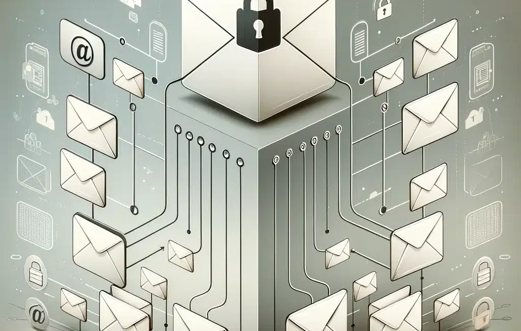 Modern illustration comparing a dedicated IP, symbolized by a secure email, with a shared IP, represented by interconnected mails.