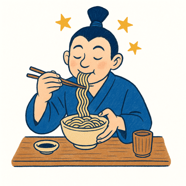 The Spamurai eating noodles on a white background for the Mailsor ROI blog post.