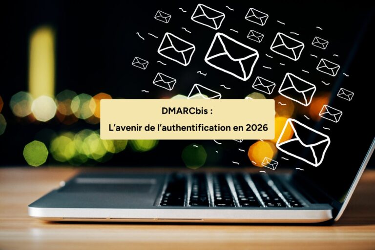 Ordinateur portable d’où s’envolent des emails, titre DMARCbis : l’avenir de l’authentification en 2026